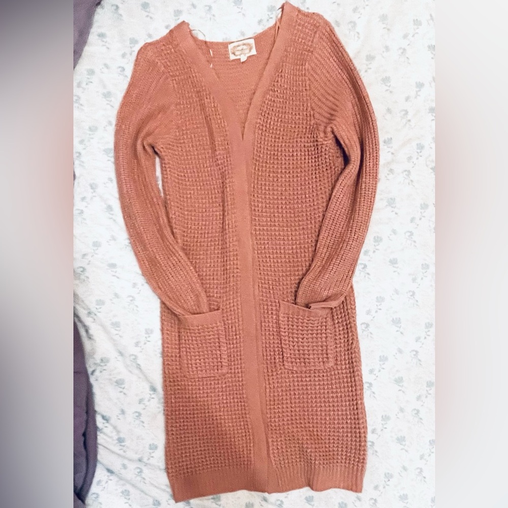 Ambiance Long Open-Front Waffle Knit Cardigan in Rust
